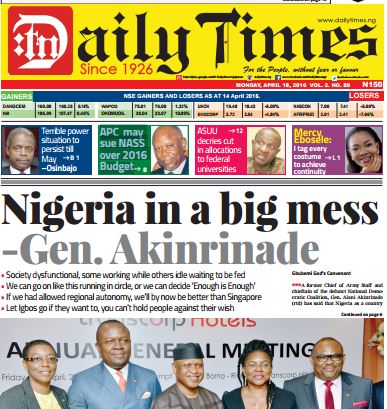 Daily Times Newspaper, Monday, April 18th, 2016