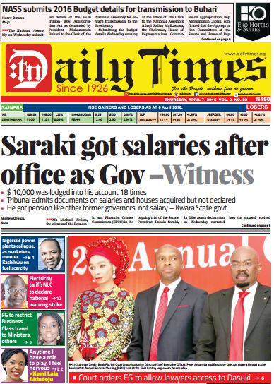 Daily Times Newspaper, Thursday, April 7th, 2016