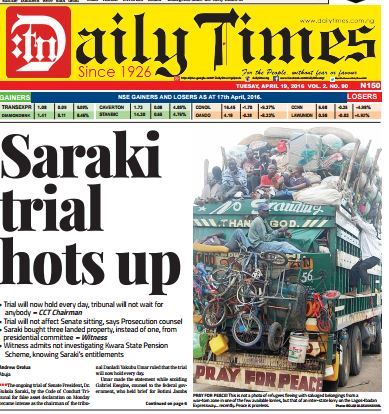 Daily Times Newspaper, Tuesday, April 19th, 2016