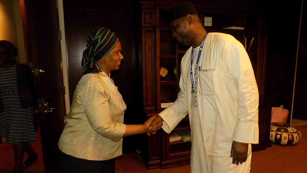 UN Women Executive Director Phumzile Mlambo-Ngcuka when she visited Nigeria’s Permanent Representative to the UN, Prof. Tijjani Bande to brief him about some of the agency’s activities in Nigeria. PHOTO: NAN