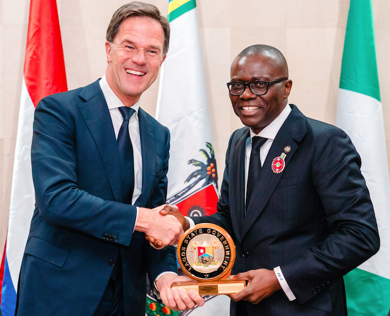 Prime Minister of the Netherlands, Mr. Mark Rutte (left) being presented with a plaque by the Lagos State Governor, Mr. Babajide Sanwo-Olu, during his courtesy visit to the Governor at the Presidential Wing, Murtala Muhammed Airport, Ikeja, on Tuesday, November 26, 2019.