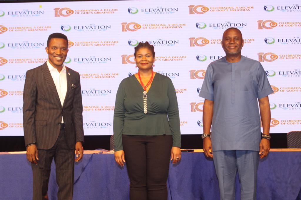 L-R) Lead Pastor, Godman Akinlabi; Director Media & Communications, Chinny Ugoji; and Pastor, Samson Isa; at a press conference announcing the 10th-anniversary celebration of The Elevation Church in Lagos yesterday.