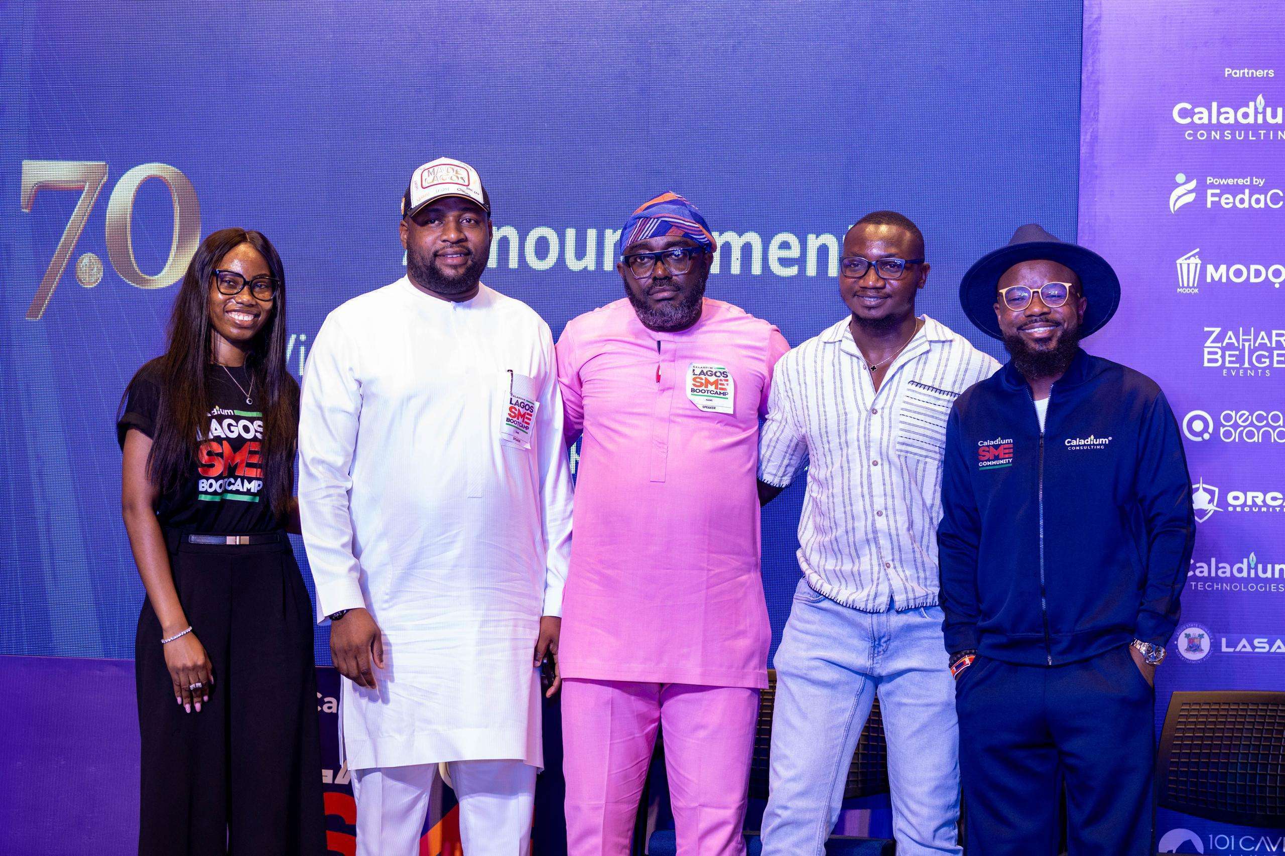 L to R: Stella Uwaechue, Senior Associate, Investor Relations Vendease Africa; Omoniyi Dada, MD JC Decaux; Odion Aleobua, CEO Modion Communications Crisis Management and Marketing Communication Professional; Pamilerin Adegoke, Digital Creator and Social Media Influencer; Ayo Bankole Akintujoye CEO Caladium Consulting & Fedacash, Co-founder and Convener Caladium Lagos SME Bootcamp & SME community