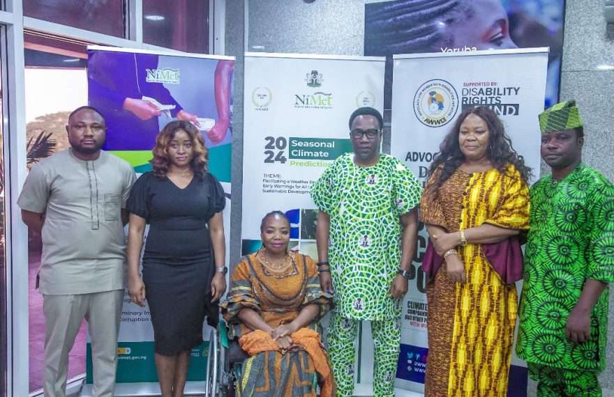 Left to Right: Barrister Shola Gabriel, Director of Legal Services, NiMet, Barrister Nneka Eze, Assistant Chief Legal Officer, NiMet, Mrs Patience Ogolo-Dickson, Executive Director, Advocacy For Women With Disabilities Initiative (AWWDI), Professor Charles Anosike, DG/CEO, Nigerian Meteorological Agency (NiMet), Mrs Gloria Onyegbule, Director of the Department of Applied Meteorological Services - DAMS (NiMet), and Mr. Kolawole Jayson’s, Programme Manager, AWWDI, during the MoU signing between NiMet and AWWDI to enhance the availability of information on weather and climate to persons with disability in Nigeria at NiMet Headquarters in Abuja on Friday, 29th November 2024.