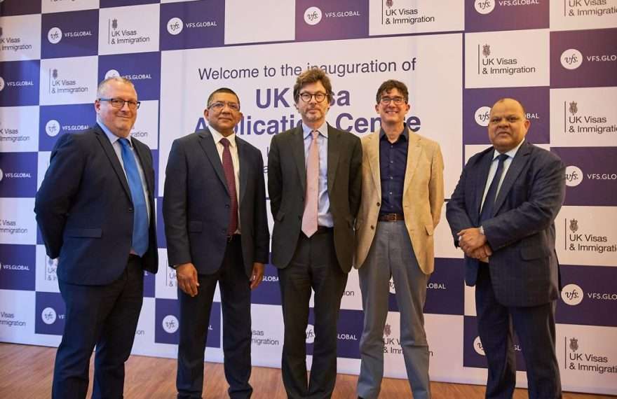 L-R: VFS UKVI Account Management Team, Mr. Kingsley Magee; Chief Operating Officer – Global Operations, and Head of UKVI Account Management Team, Mr. Srinarayan Sankaran; British Deputy High Commissioner in Lagos, Mr. Jonny Baxter; Director for Visa, Status and Information Services at UK Visas and Immigration (UKVI), Mr. Marc Owen; Head- Sub-Saharan Africa, VFS Global, Mr. Alok Singhal at the inauguration of the newly opened UK Visa Application Centre in Ikeja, Lagos on 27 November 2024.